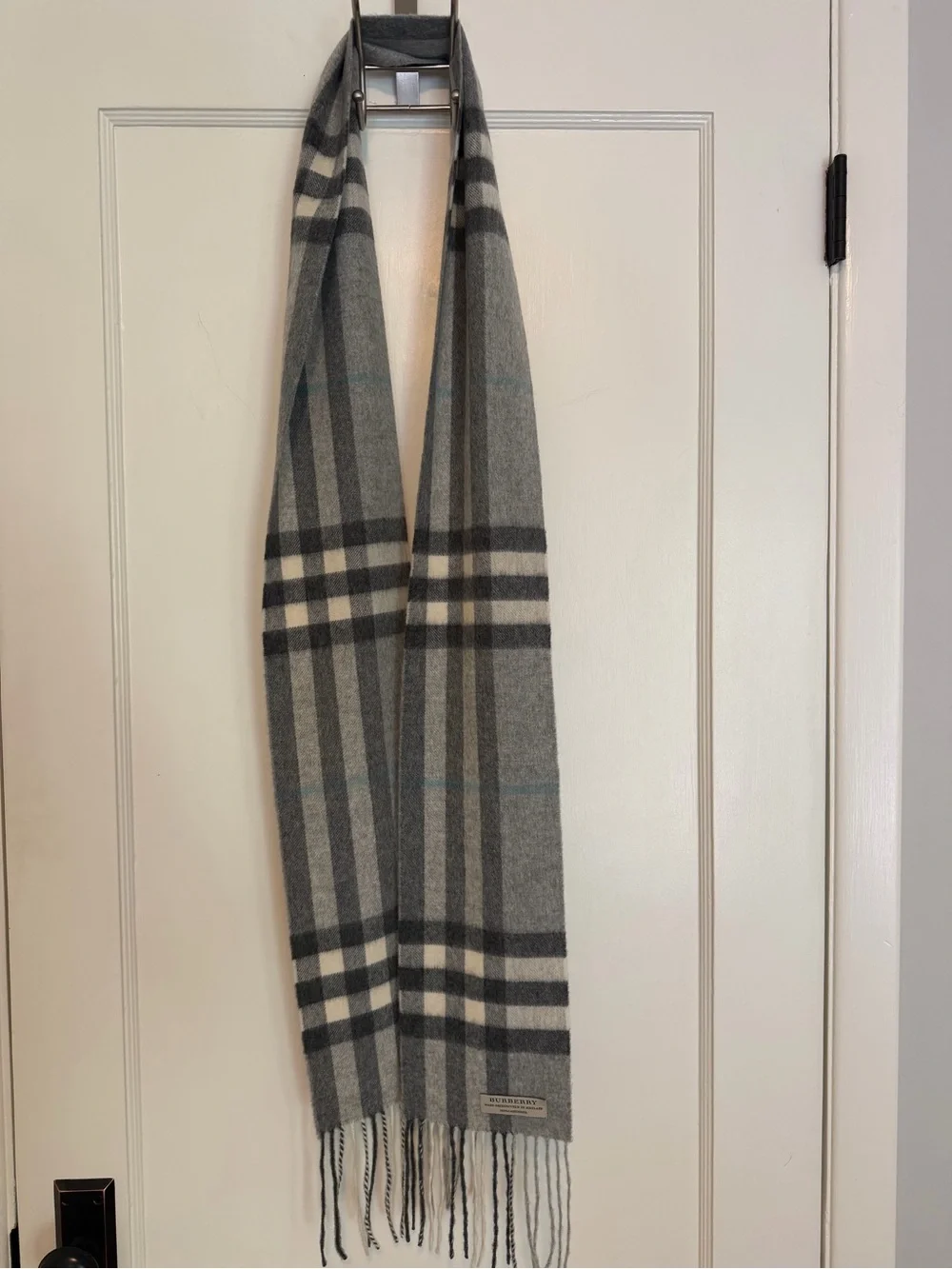 Burberry Gray, Cream and Blue Check Cashmere Scarf